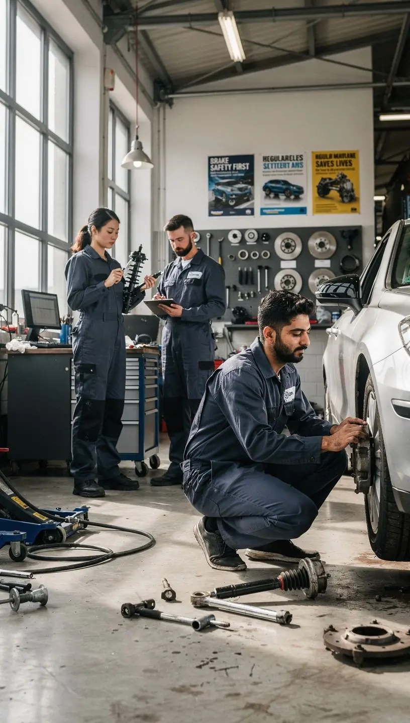 Nahaufnahme eines professionellen Mechanikers, der die Bremsbeläge eines Fahrzeugs sorgfältig überprüft.